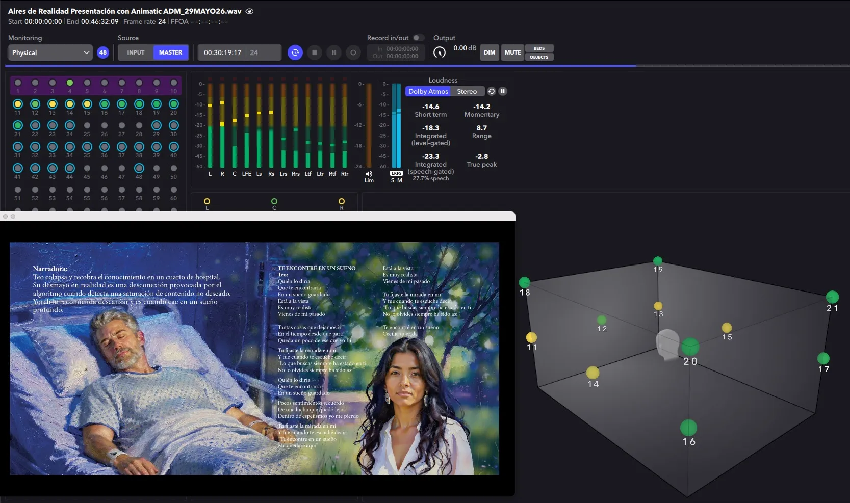 Captura de pantalla de una interfaz de software para mezcla y monitoreo de audio en formato Dolby Atmos para el proyecto "Aires de Realidad". En la parte superior se observan medidores de volumen de sonoridad (loudness) y canales de audio. Abajo a la izquierda, una ventana reproduce un video con un hombre en una cama de hospital y una mujer en primer plano, acompañados de texto narrativo y la letra de una canción. A la derecha, un gráfico tridimensional muestra la distribución espacial de los objetos de audio numerados alrededor de una cabeza virtual.